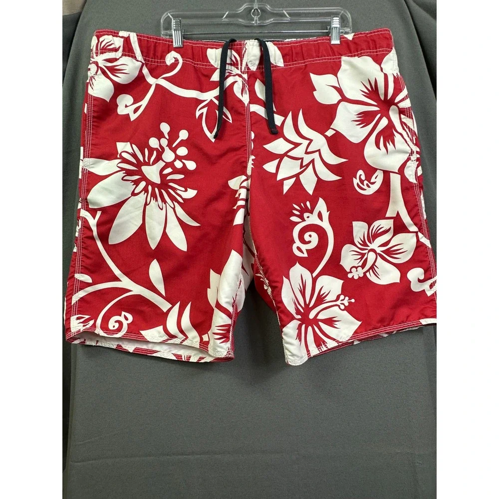 Old Navy Mens Red White Hibiscus Floral Board Shorts Swim Trunks Size L 38 Waist